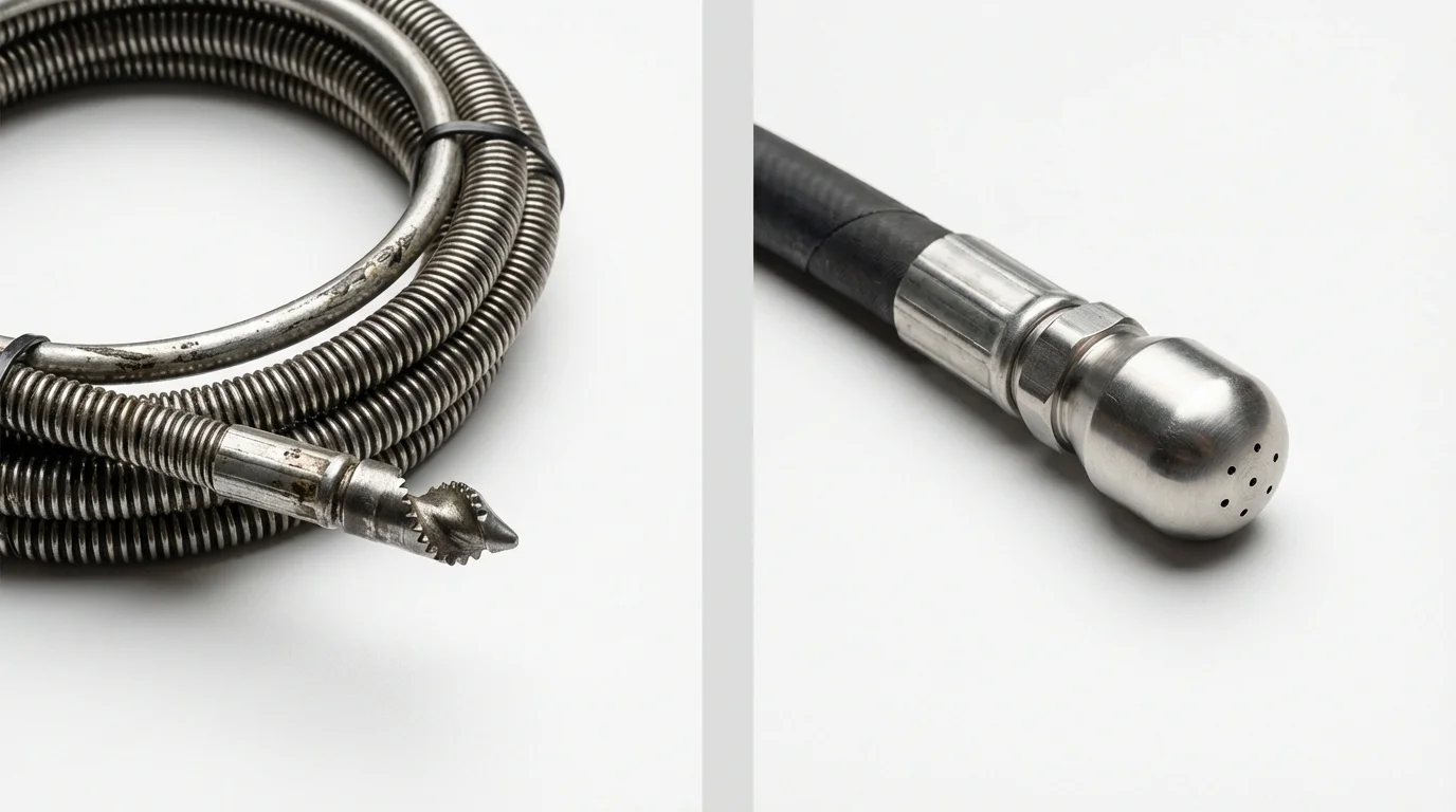 Drain snake cable and hydro jetting nozzle used for drain cleaning in Farmington, MO