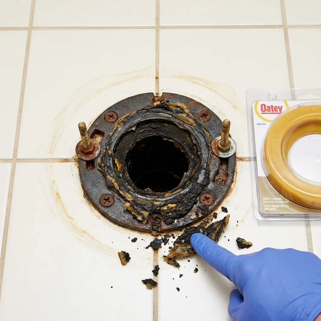 Failed wax ring showing water seepage at the base of a toilet in a Farmington, MO home