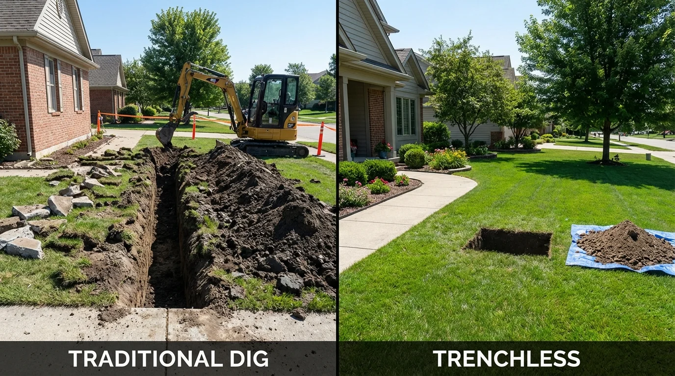 Trenchless sewer repair with minimal yard damage versus traditional excavation in Farmington, MO