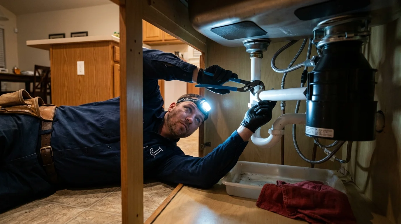 P-trap and supply line connections under a kitchen sink showing a common leak point in Farmington, MO